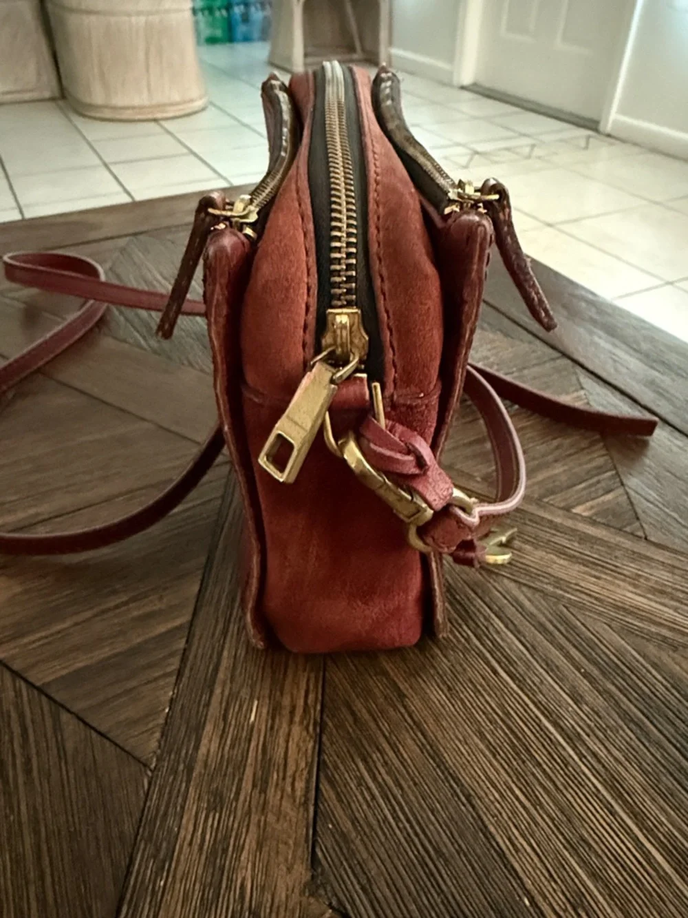 Fossil Campbell Dark Red Leather Suede Crossbody Bag Adjustable Strap - Picture 7 of 11